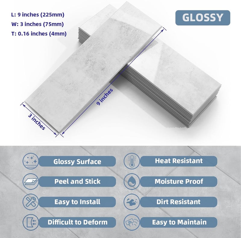 Tilingview 30 PCS Peel and Stick Backsplash Tile for Kitchen/Bathroom/Living Room, 3"x 9" Self-Adhesive Subway Tile for Backsplash, Imitation Glazed Tiles/Handmade Tiles (Glossy Light Gray) - Image 2